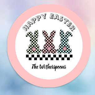 Påskharen Rutig Rosa Grön Turkos Monogram Runt Klistermärke