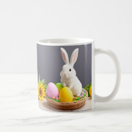 Påskharen sittande i en korg kaffemugg
