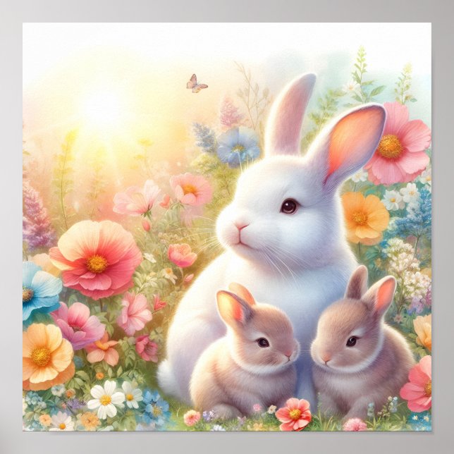 Påskharen vår familj blomsterträdgård poster (Framsidan)