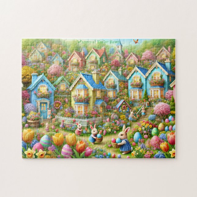 Påskharens by, pastellmålade stugor pussel (Horisontell)