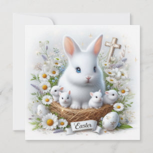 Påskharfamilj i blomsterbo med kors kort