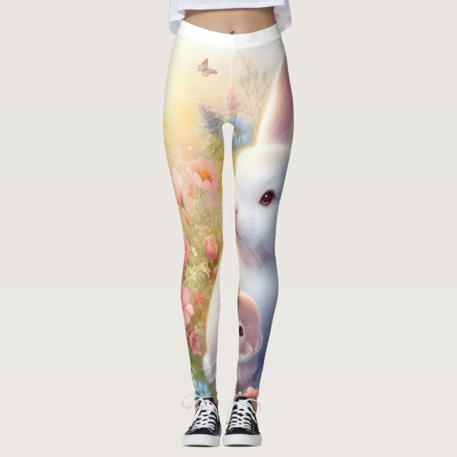 Påskharfamilj med blomsterträdgård leggings (Framsida)