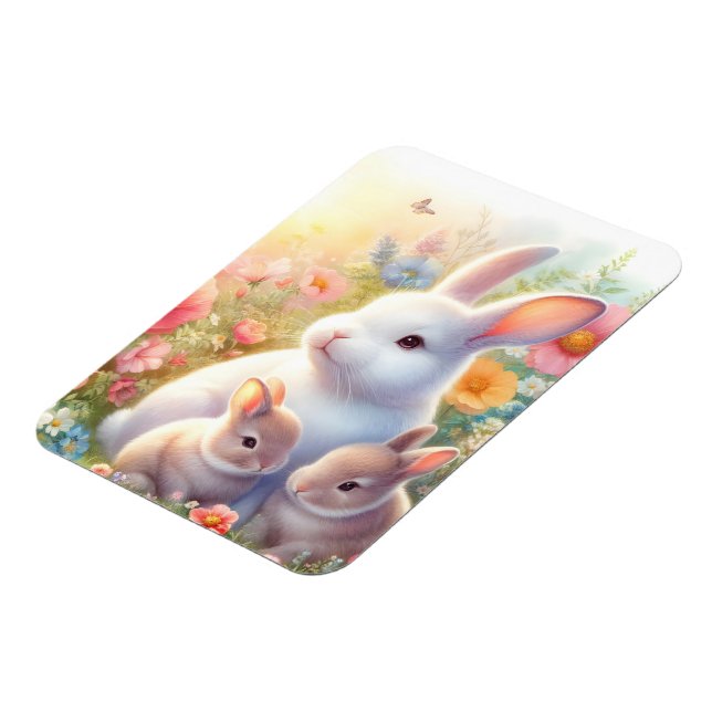 Påskharfamilj med blomsterträdgård magnet (Vänstra Sidan)