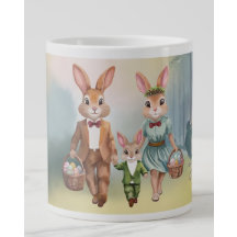 Påskharfamilj på jakt efter ägg - Akvarell