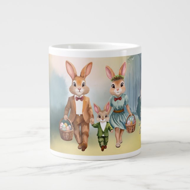 Påskharfamilj på jakt efter ägg - Akvarell Jumbo Mugg (Framsidan)
