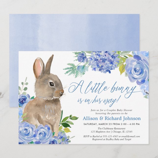 Påskharns blå blommigt par babydusch inbjudningar (Fram/baksida)