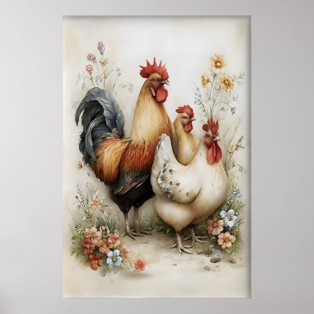 Påskhöna Tupp Blommor Utskrivbart, Vintage Poster (Framsidan)