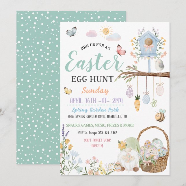 Påskjakt med pastellägg och tomtar  inbjudningar (Fram/baksida)