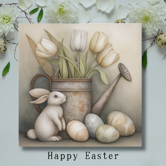 Påskkanin med tulpaner och gammaldags vattenkanna