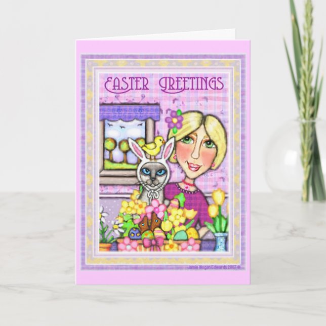 Påskkatt i basket- & damhälsningkort helgkort (Framsida)