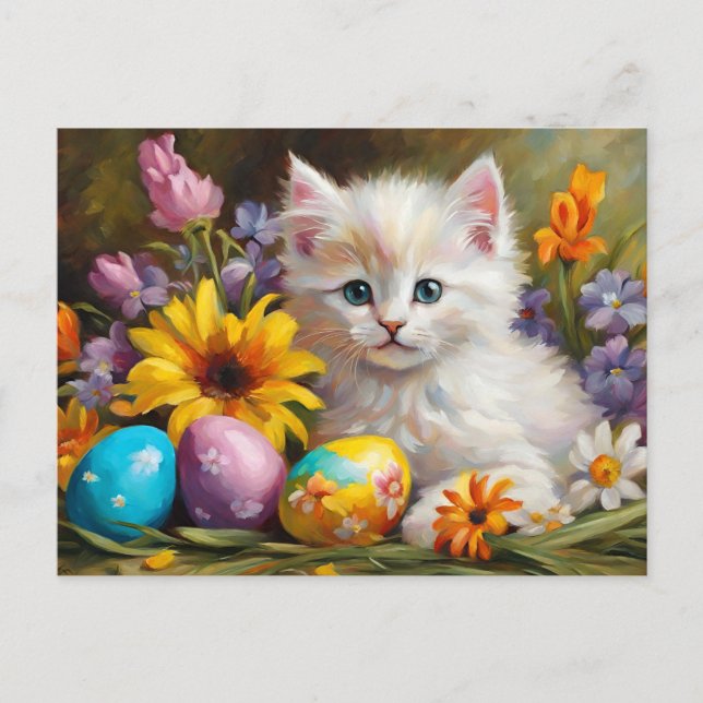 Påskkatt med blommor och målade ägg  helg vykort (Framsida)