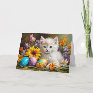 Påskkatt med blommor och målade ägg  helgkort