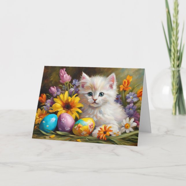 Påskkatt med blommor och målade ägg  helgkort (Framsida)