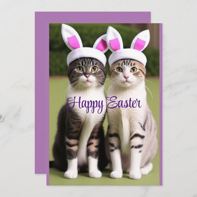 Påskkatter med kaninöron inbjudningar (“Two little furballs bringing Easter cheer!”)