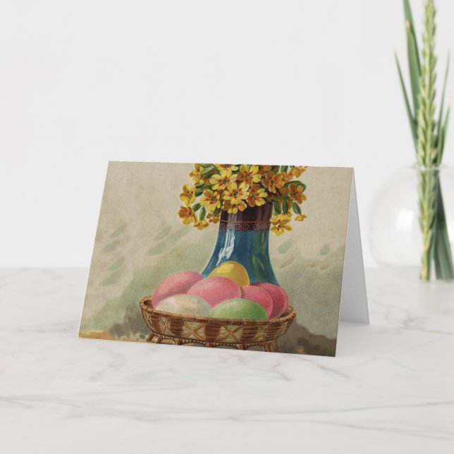 Påskkorg Ägg Blommor Antik Helgkort (Framsida)