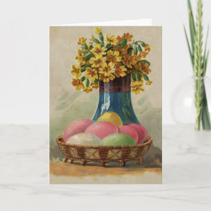 Påskkorg Ägg Blommor Antik Helgkort