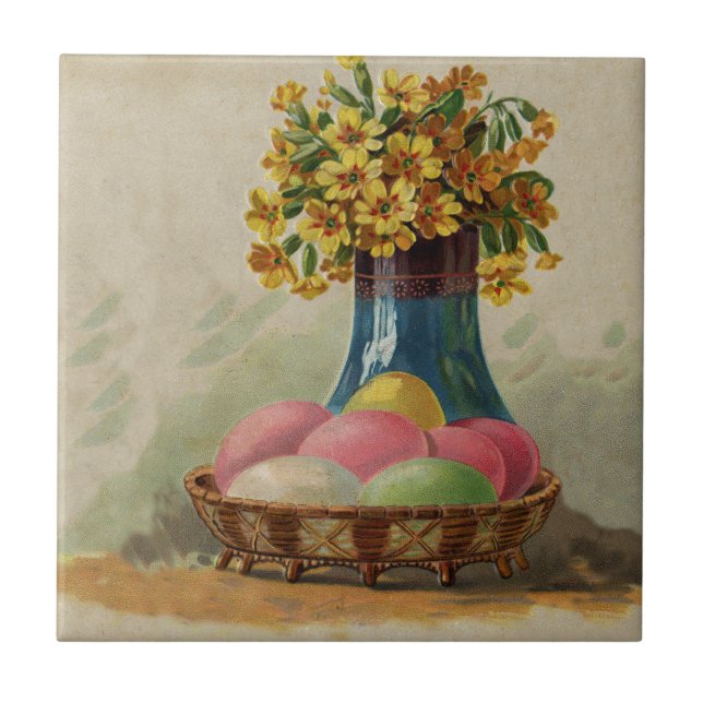 Påskkorg Ägg Blommor Antik Kakelplatta (Framsidan)