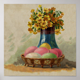 Påskkorg Ägg Blommor Antik Poster