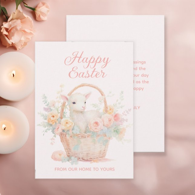 Påskkorg Rosa Persika Lamm Blommig Julkort (Lamb Easter greeting card)