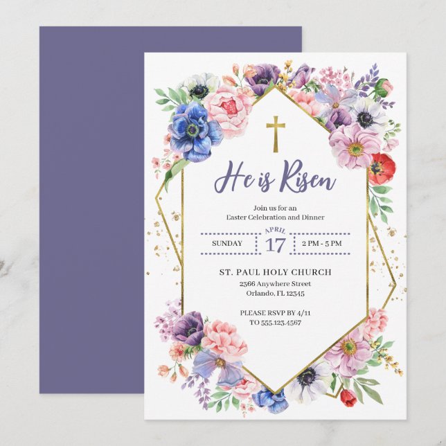 Påskkors Han är Uppstånden Vårblommor Inbjudningar (Fram/baksida)