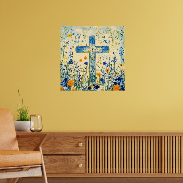 Påskkors vid blomsterfält poster (Vardagsrum 2)