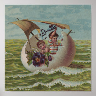 Påskkort i vintage stil Barn som seglar Poster