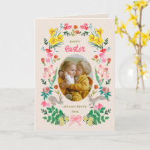 Påskkort med blommig kanin och familjefoto