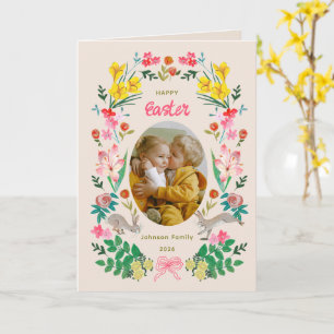 Påskkort med blommig kanin och familjefoto kort