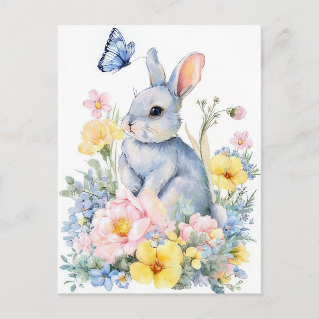 Påskkort med blommor och påskharen vykort (Framsida)