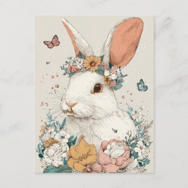 Påskkort med blommor och påskharen vykort (Framsida)
