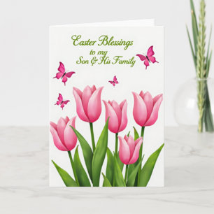 Påskkort med fuchsia blommor och välsignelser kort