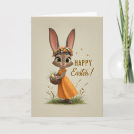 Påskkort med kanin i blomsterkrans och orange klän kort