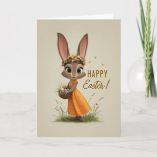 Påskkort med kanin i blomsterkrans och orange klän kort