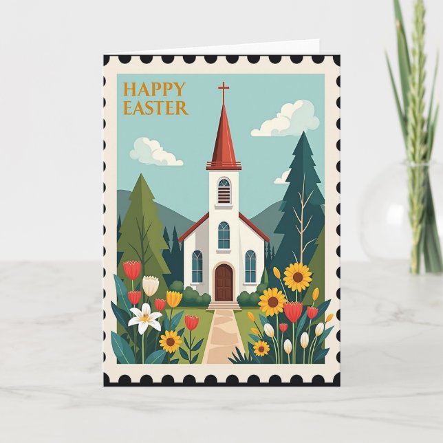 Påskkort med kyrka på landsbygden kort (Framsida)