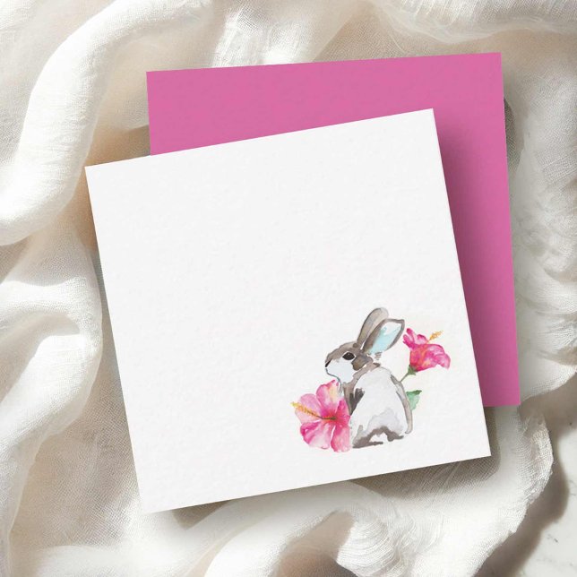 Påskkort Söta akvarell kanin Rabbits Anteckningskort (Watercolor bunny notecards with pink hibiscus flower art by Victoria Grigaliunas of Do Tell A Belle)