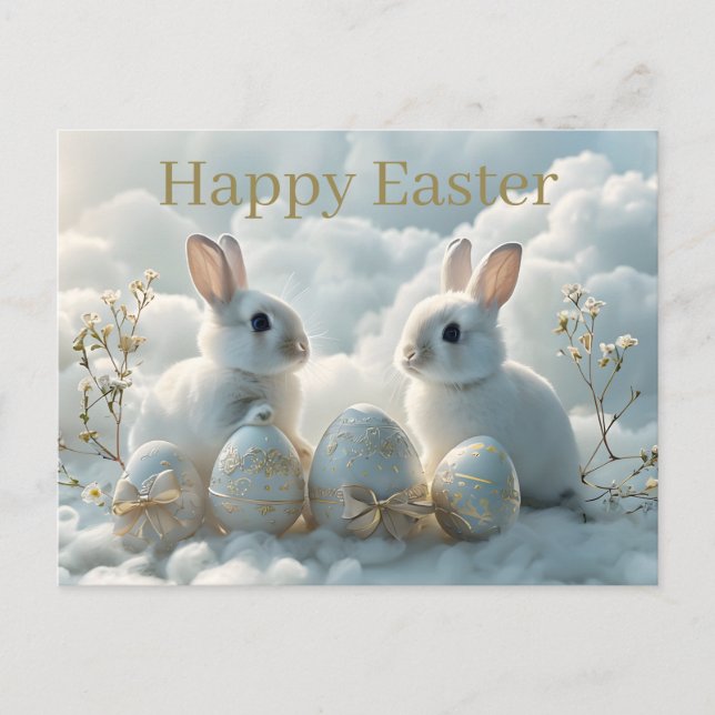 Påskkort Två kaniner & utsmyckade påskägg Helg Vykort (Framsida)