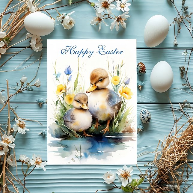 Påskkortet Ducklings Delight: Easter Edition Julkort (happy easter, duckling, easter postcard, easter, blue, animals, cute easter, flowers, duck, )