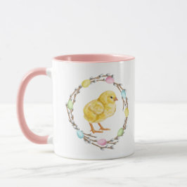 Påskkransar av pil och kyckling med pastellfärgade mugg