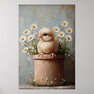 Påskkyckling Blomkruka Print, Rustik Poster