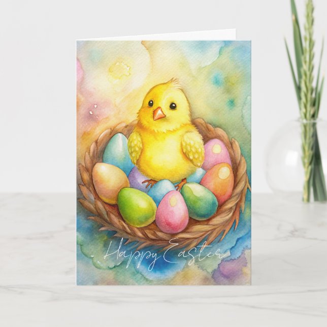 Påskkyckling i bo med ägg Illustration Helgkort (Framsida)
