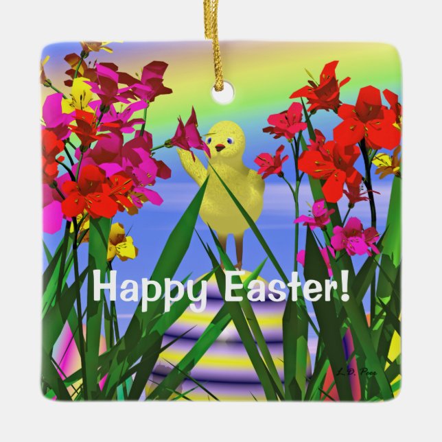 Påskkyckling och blommor julgransprydnad keramik (Framsida)