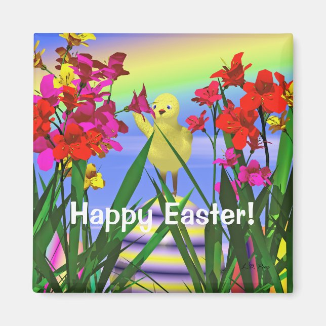 Påskkyckling och blommor magnet (Framsidan)