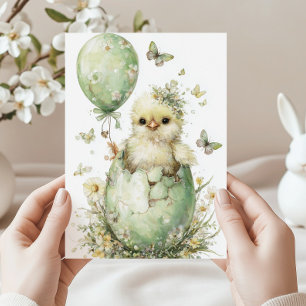 Påskkyckling Vårblommor Fjärilar Akvarell Julkort