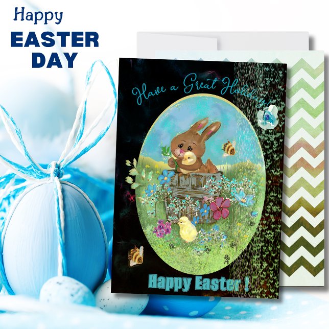 Påskkycklingar och kanin svart platt helgkort julkort (Easter Chicks and Bunny Black Flat Holiday Card)