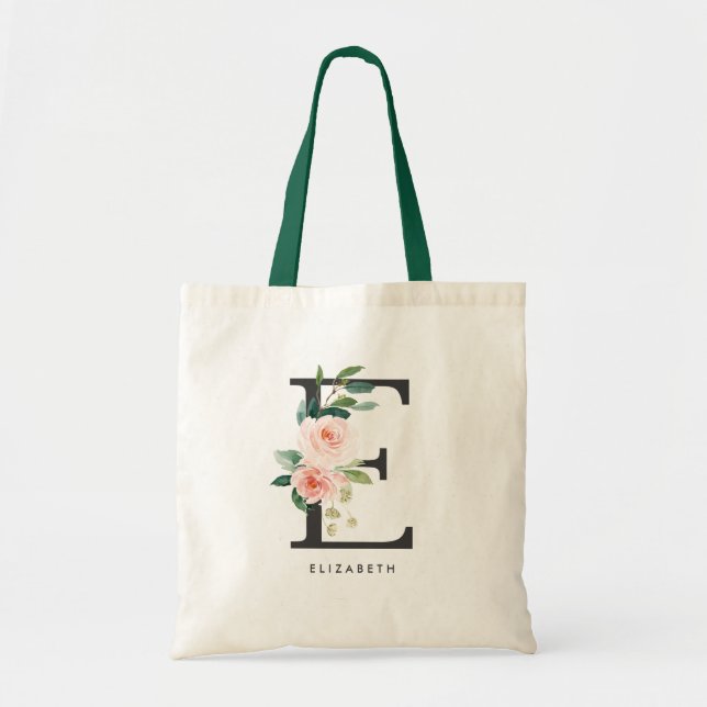 Påsklilja Blommig Bokstav E Svart Monogram Brudtär Tygkasse (Framsidan)