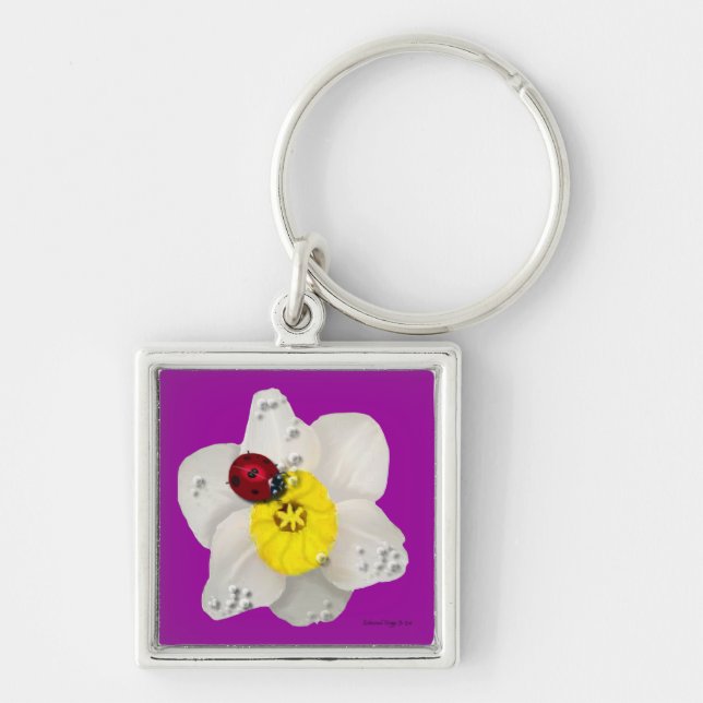 Påskliljar och nyckelpigor fyrkantig silverfärgad nyckelring (Framsidan)