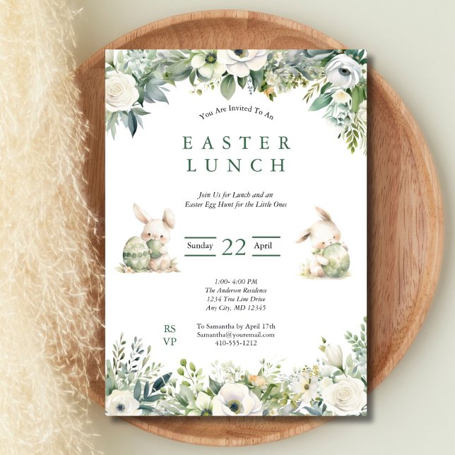 Påsklunch Ägglek Sagegrön Akvarellblomma Inbjudningar (Bunnies Sage Green Watercolor Florals Easter Lunch Egg Hunt Invitation, Digital or Printed)