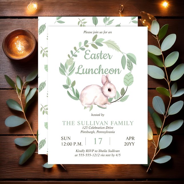 Påsklunchkrans med kanin och salvia  inbjudningar (Cute Easter Bunny Rabbit and Eucalyptus Wreath Sage Green Easter Luncheon Invitation - Print | Digi)