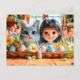 Påskmorgon med tulpaner och katt helg vykort
