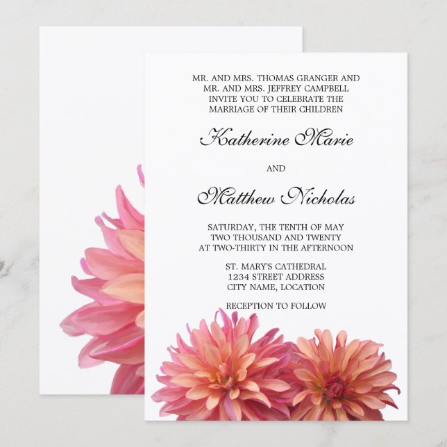 Paskriven Dahlia Flower i Rosa och Coral Inbjudningar (Fram/baksida)